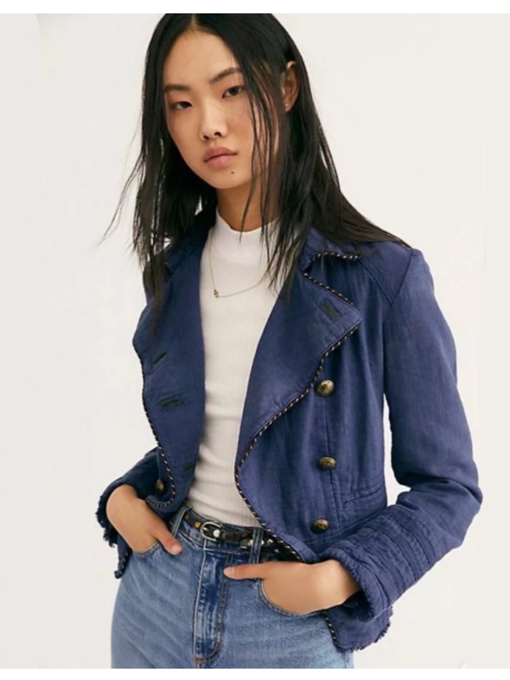 Free People Night Sky Cadet Military Linen Blazer Jacket